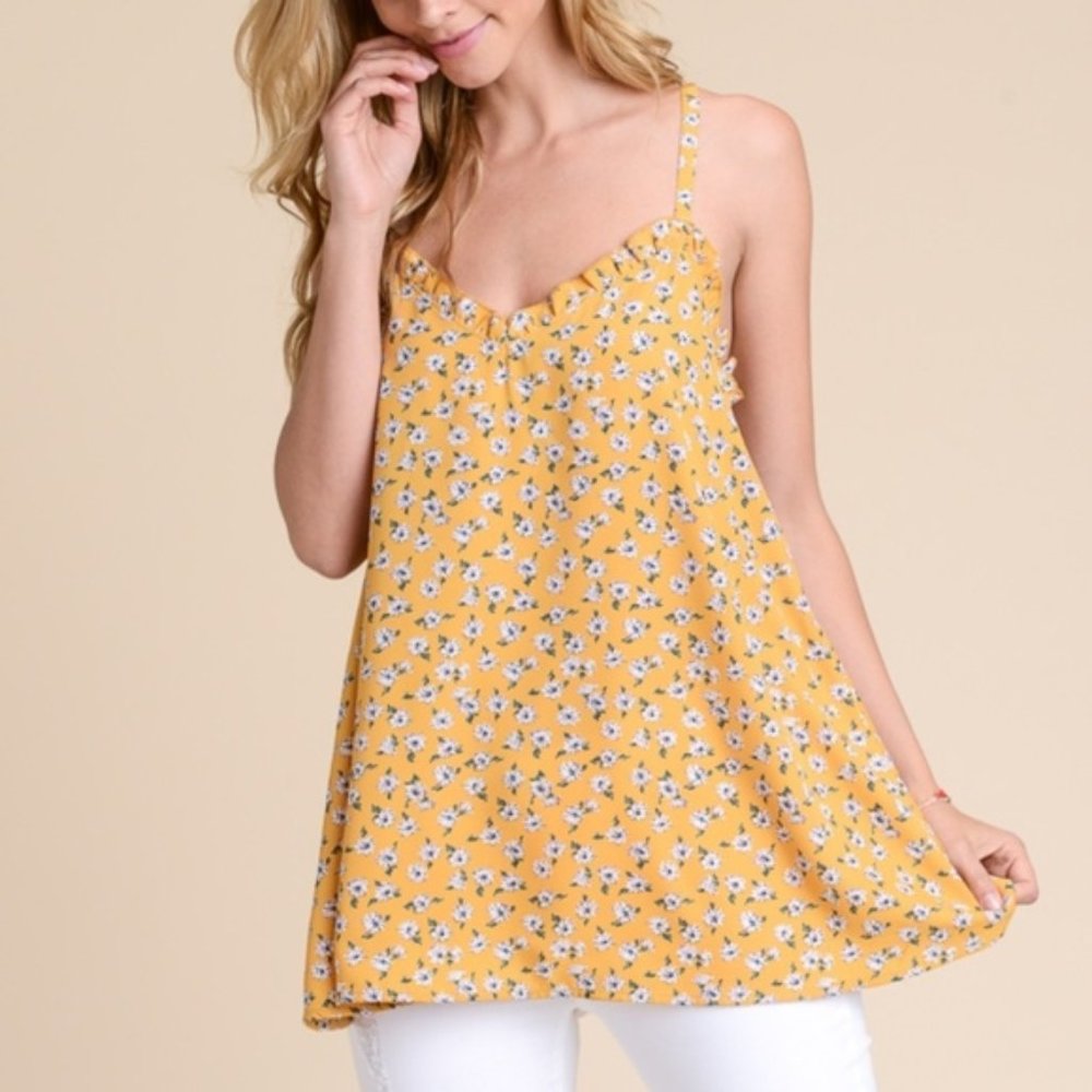 Yellow & White Floral Ruffle Trim Tank Top - Picture 3 of 8